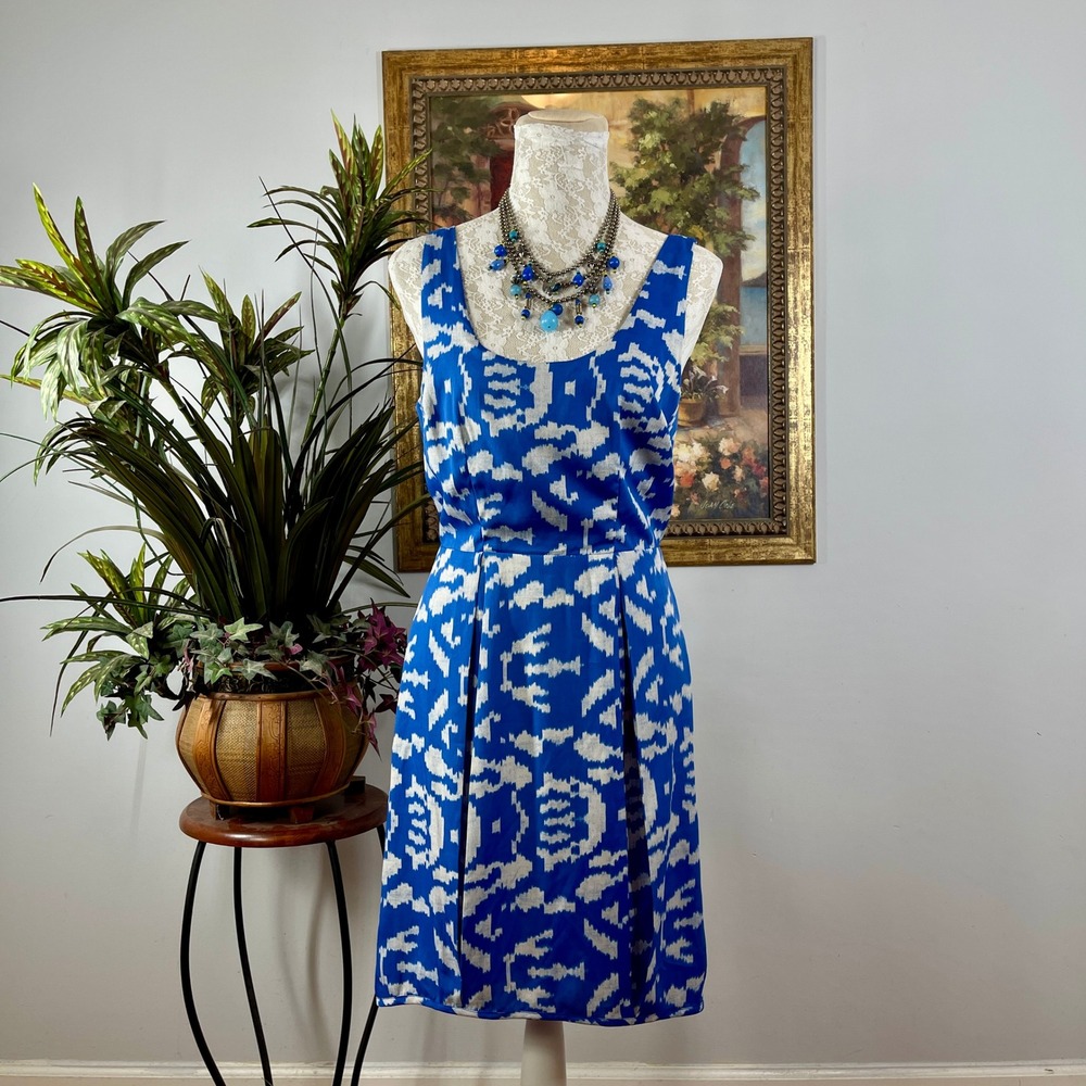 Silence + Noise Dress Women 8 Blue Polyester Ikat Print Sleeveless Open Back